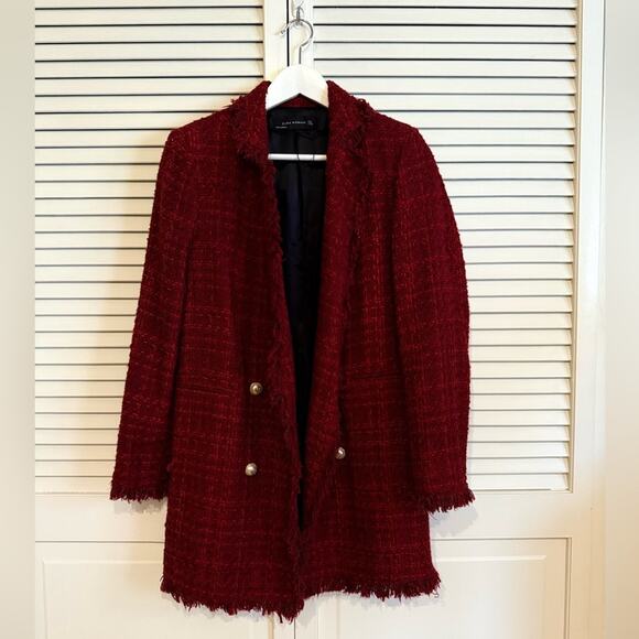 Zara Red Tweed Long Blazer - Picture 2 of 4